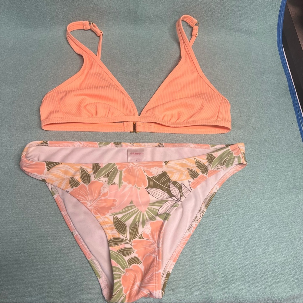 Xhileration Orange Bikini Set with Floral Bottoms adjustable straps triangle top